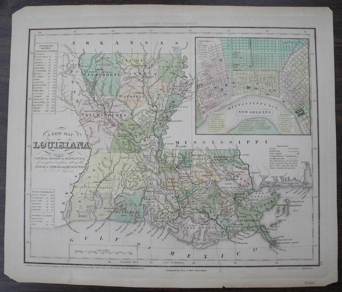 A New Map of Louisiana, 1839: Map: A New Map of Louisiana Maker: Cary & Hart, Henry Shenk Tanner with W. Brose Date: 1839 Size: Big Quarto, 10.6 inches high x 13.25 inches wide With its Canals, Roads & Distances from place to plac