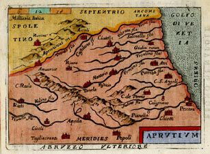 Abraham Ortelius: Abruzzo Ulteriore: Map: Abruzzo Ulteriore Maker: Abraham Ortelius Publisher Philip Galle, Antwerp Medium: Copper plate engraving Date: 1577-1595 Size: 2 7/8 x 4 inches (72 x 103mm)Good condition with modern color Early