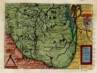 Abraham Ortelius: Bradbantia Recens Pocket Map: Map: Bradbantia Recens descriptioMaker: Abraham OrteliusPublisher: Philip Galale, Antwerp.Medium: Copper plate engravingDate: 1577-1595 Size: 2 7/8 x 4 inches (72 x 103mm) Good condition and color Ear