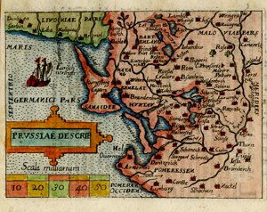 Abraham Ortelius: Prussiae Descrip Pocket Map: Map: Prussiae DescripMaker: Abraham OrteliusPublisher: Philip Galale, Antwerp.Medium: Copper plate engravingDate: 1577-1595 Size: 2 7/8 x 4 inches (72 x 103mm) Good condition and color Early miniature