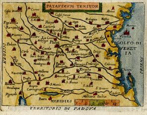 Abraham Ortelius: Territorio di Padova Pocket Map: Map: Territorio di PadovaMaker: Abraham OrteliusPublisher: Philip Galale, Antwerp.Medium: Copper plate engravingDate: 1577-1595 Size: 2 7/8 x 4 inches (72 x 103mm) Good condition and color Early minia
