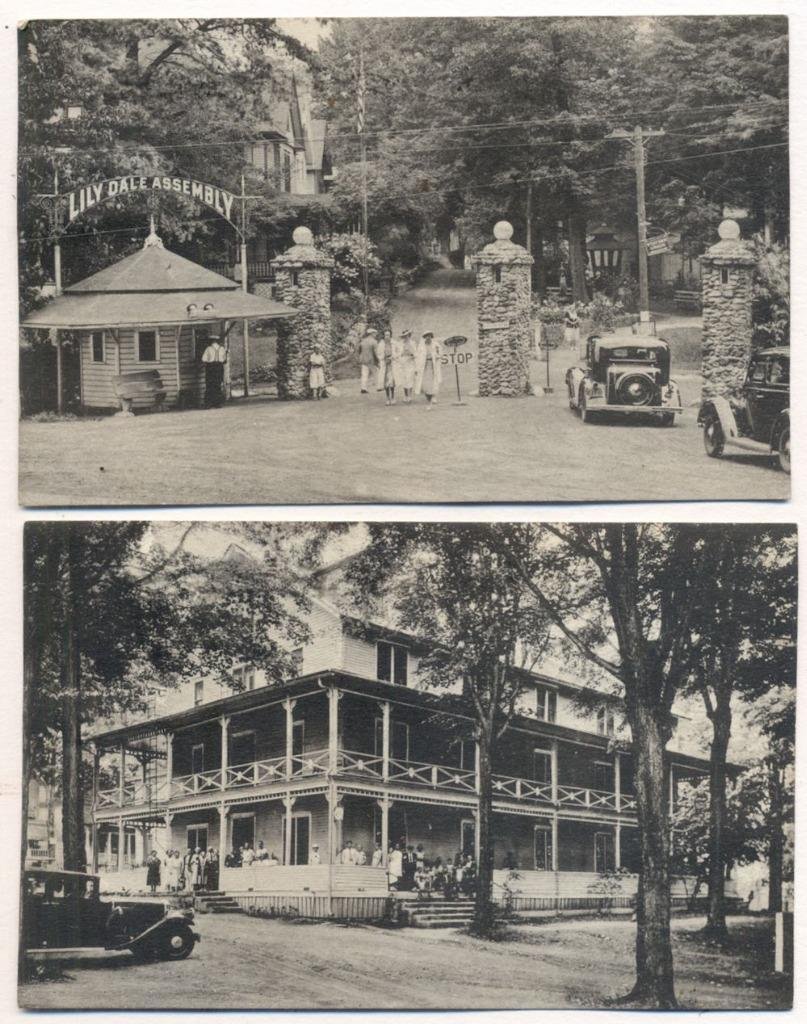 Two Occult Spiritualism Souvenir Postcards, 1939: Item: Lot of 2 Occult Souvenir Printed Postcards; Pertaining to Lily Dale, NY Spiritualist Assembly Date: ca. 1939 Period ink writing on the reverse with old postal information One of the stamps is mi