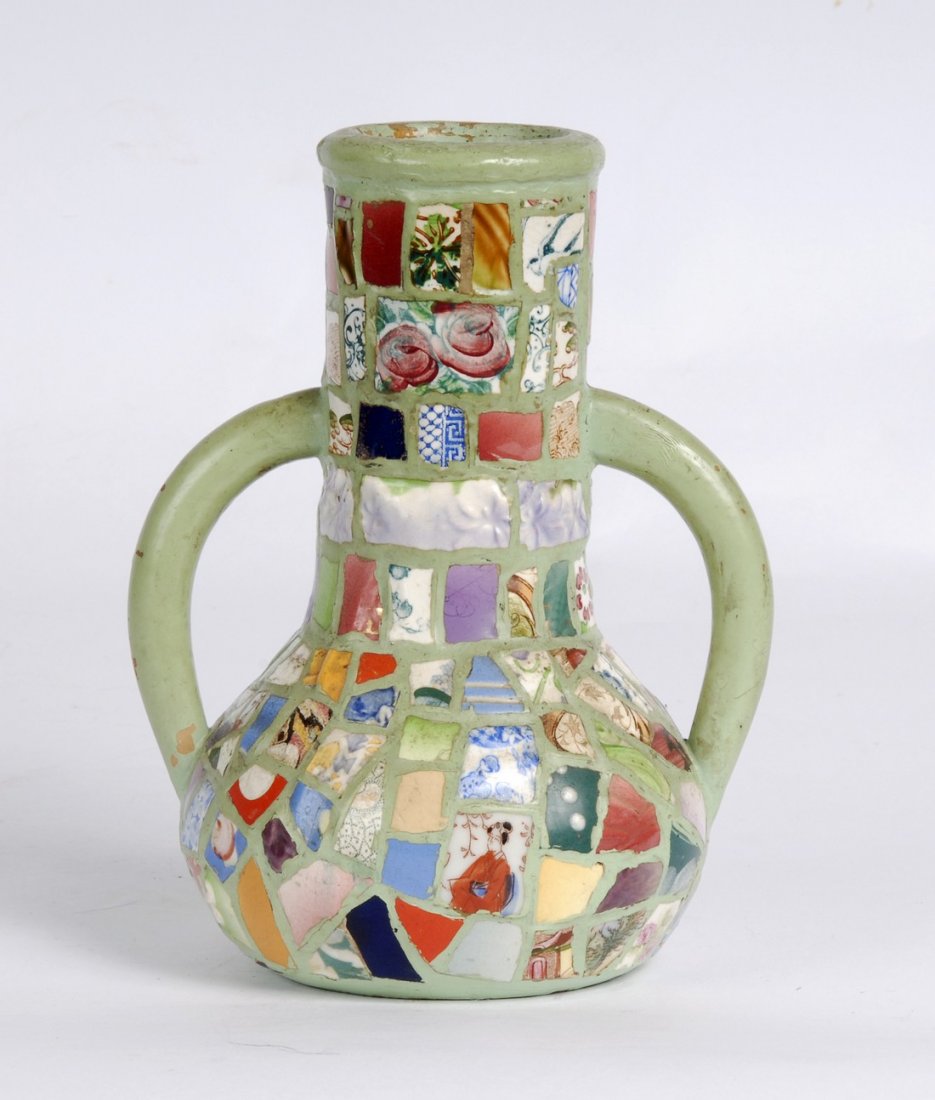Picassiette Pottery of Mosaic China Chards, 1920s: Item: A vase made up of a mosaic of china shards referred to as Picassiette Maker: Bertoux Cluny Date: 1920s Signed on the bottom by artist Dimensions: 7.5 x 6.5 x 5 inches Please note that this lot h