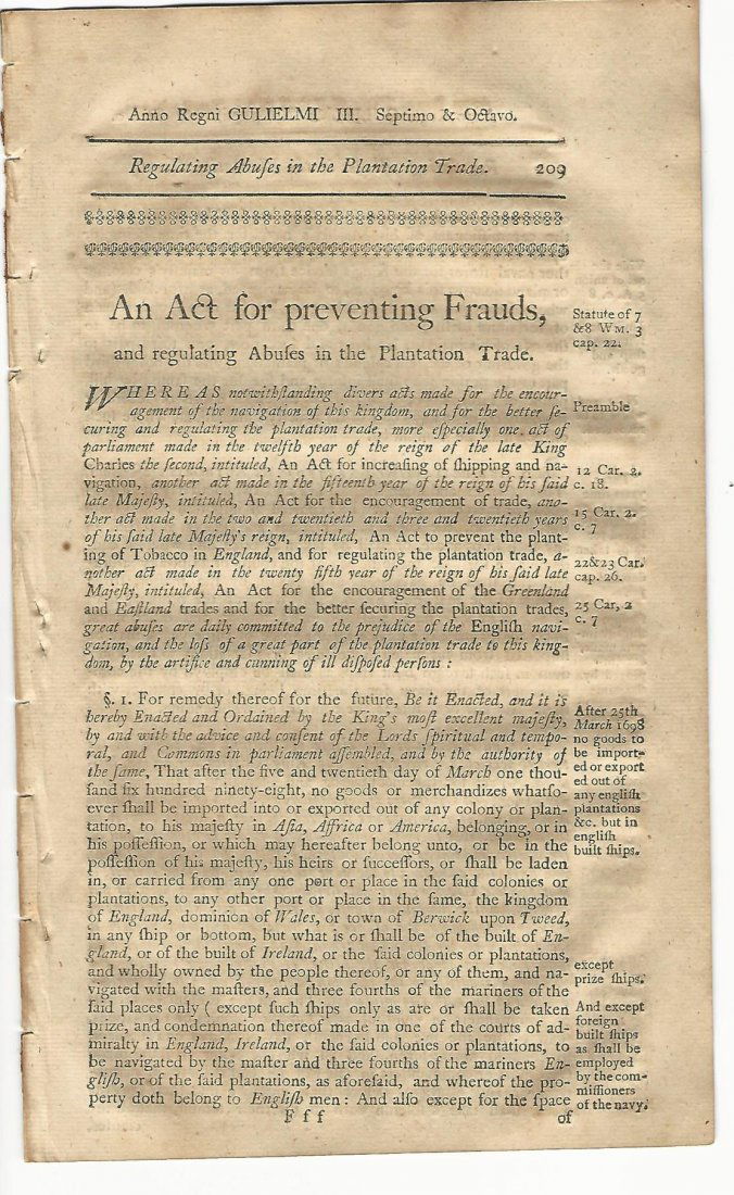 1771 Colonial Act Regulating the Plantation Trade (1 of 2)