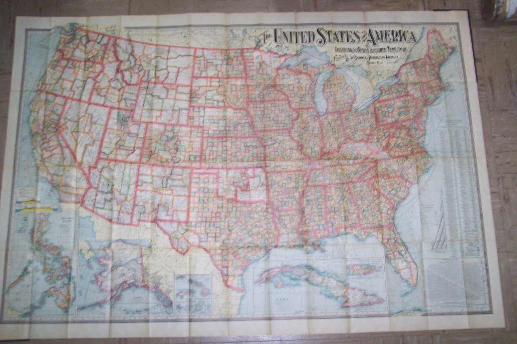 The United States with Newly Acquired Territory 1902: Map: The United States of America Including All Its Newly Acquired Territory Maker: The National Map Co. Publishing: Boston 1902 Size: 37 x 56 inches Wall size colored map folding into black cloth gua