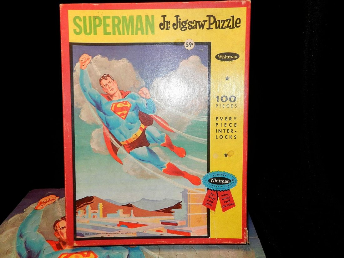 Vintage 1963 Superman Jr. Jigsaw Puzzle by Whitman: 1963 Superman Jr. Jigsaw Puzzle By: Whitman Comes in original box Size: 12 x 16 inches No Reserve: This lot starts at $1 and has no reserve as a courtesy so that collectors can determine the true mark
