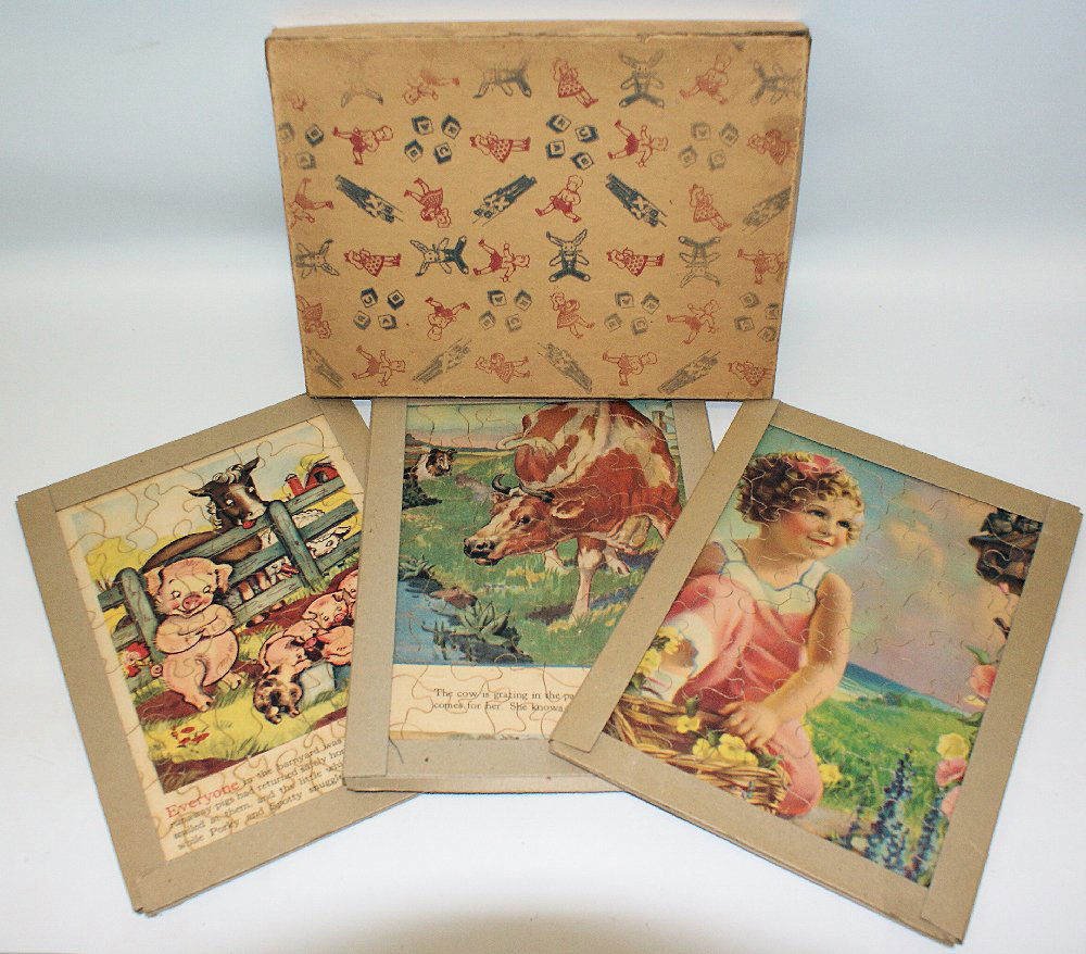 3 Child's Picture Wooden Puzzle Boxed Set 1920's (1 of 3)
