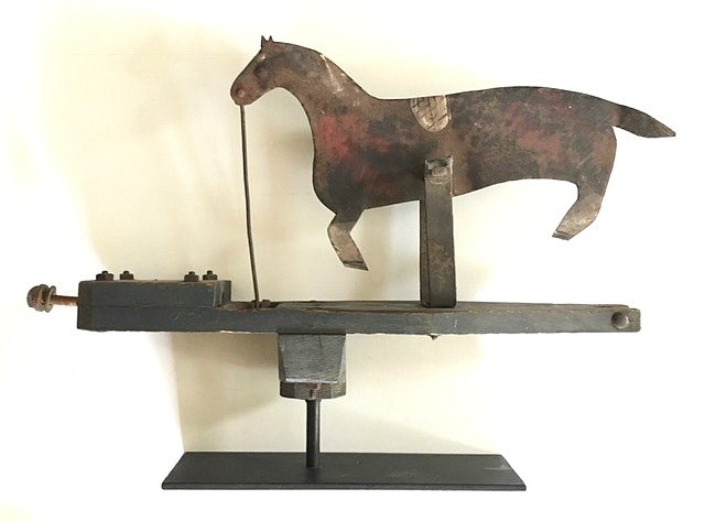 Sheet Iron Horse Whirligig: Item: Handmade Sheet Iron Horse Whirligig Fragment Material: Sheet Iron Origin: Pennsylvania Date: Late 19th or Early 20th Century Dimensions: 22 inches long x 17 1/2 inches tall x 4 3/8 inches wide P