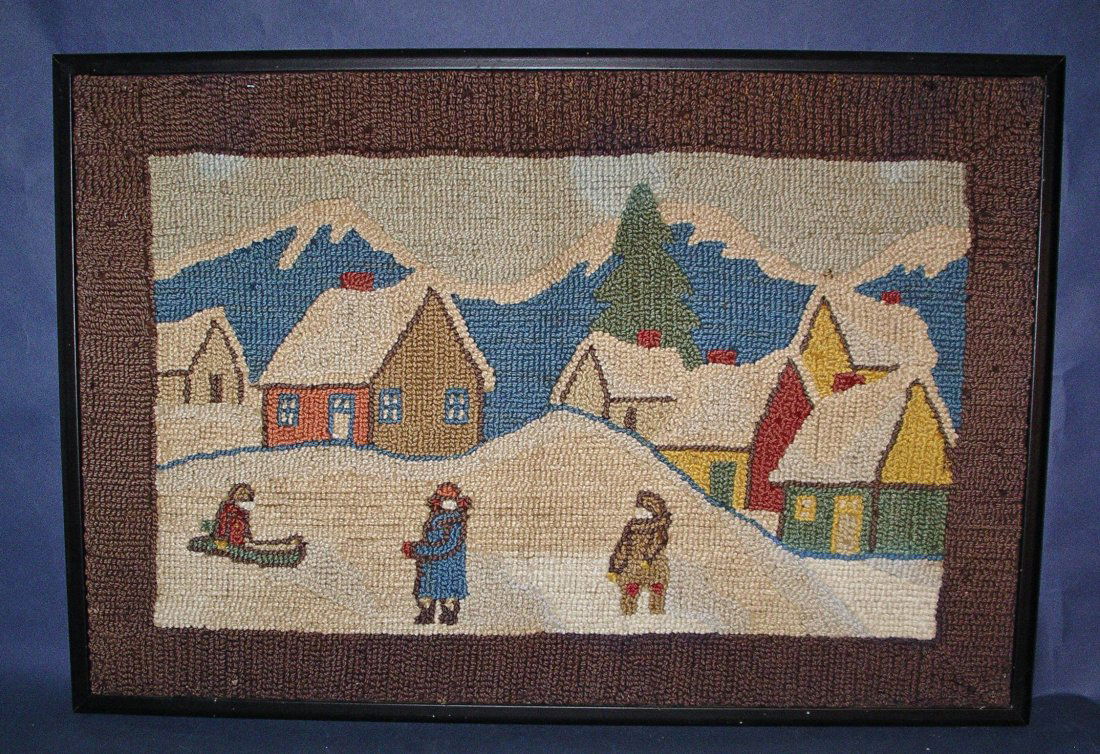 Large Hooked Rug with Sledding Scene, c 1950 (1 of 1)