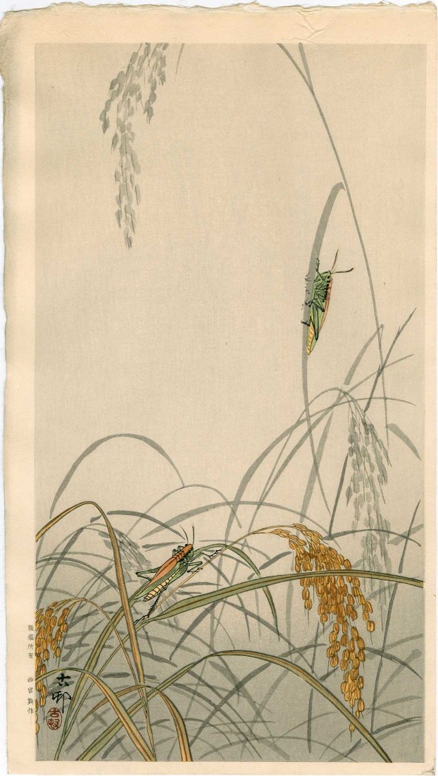 Ohara Koson: Grasshoppers on Wheat, 1930's: Artist: Ohara Koson Subject: Grasshoppers on Wheat Date: 1930's Size: 8.2 x 14.5 inches Published by Nishinomiya Yosaku, lifetime edition Medium: Japanese woodblock print Ohara Koson (1877-1945) was a