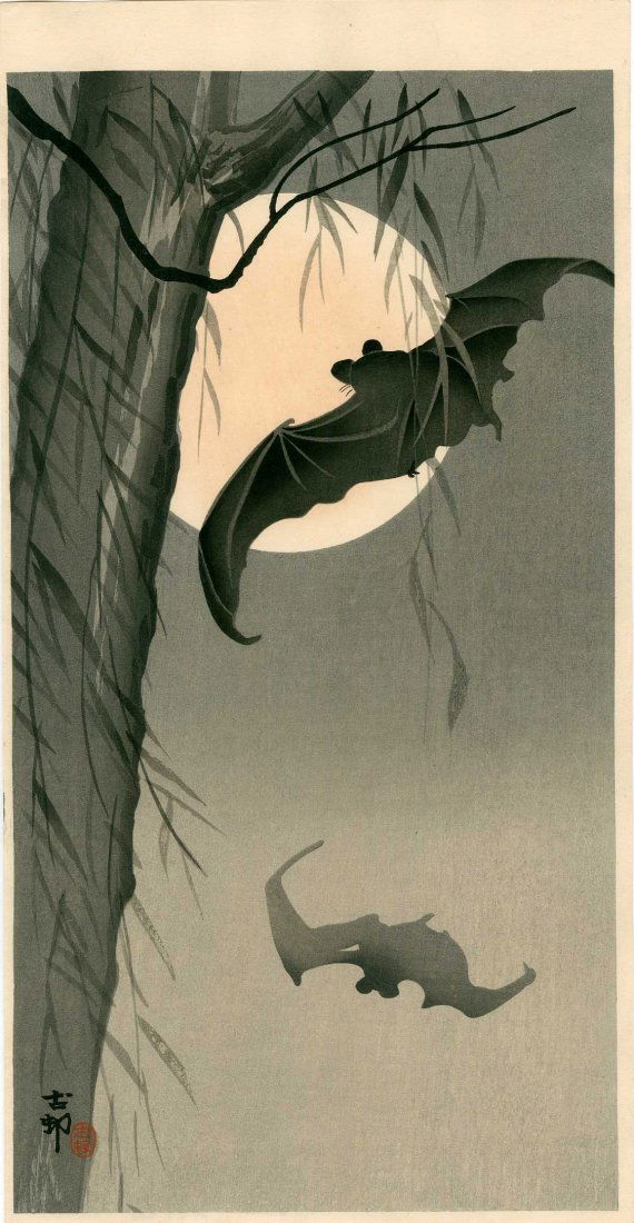 Ohara Koson: Bats and Full Moon, 1910 (1 of 2)