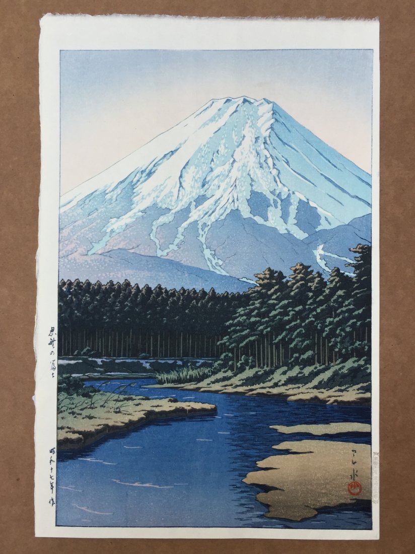 Kawase Hasui: Mt Fuji at Oshino, 1942: Artist: Kawase Hasui Subject: Mt Fuji at Oshino Date: 1942 Size: 15.2 x 10.25 inches "C" Sausage Seal 1st Edition Medium: Japanese woodblock print Kawase Hasui (1883-1957) was a Japanese artist. He wa