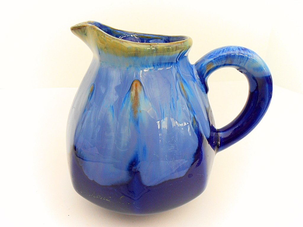 French Blue Glazed Ceramic Pitcher, 1930 (1 of 6)