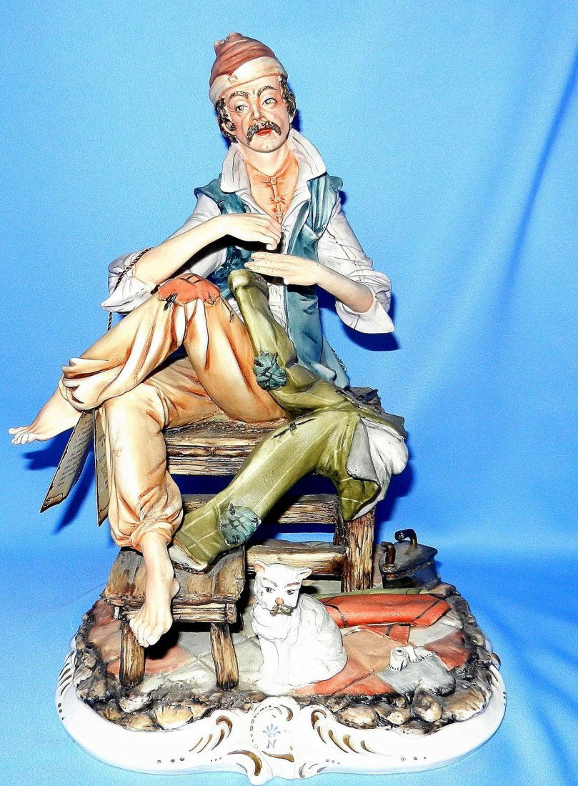Vintage Meneghetti Capodimonte Porcelain Figurine: Item: Vintage Signed Meneghetti Capodimonte Porcelain Figurine Figurine Title: The Tailor Maker: Fiorenzo Meneghetti Size: 12 inches tall, 7.5 x 8.5 inches base Markings: Signed on the back and has th