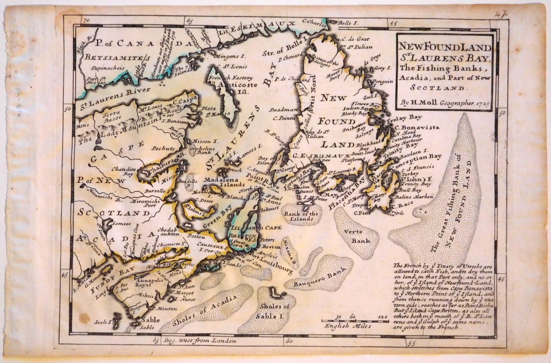 Map of Newfoundland by Herman Moll 1729: Map: New Found Land, St Laurens Bay, The Fishing Banks, Acadia, and Part of New Scotland Maker: Herman Moll Date: 1729 (1730-32) Size: 8 x 10.25 inches Newfoundland and Nova Scotia in original outline