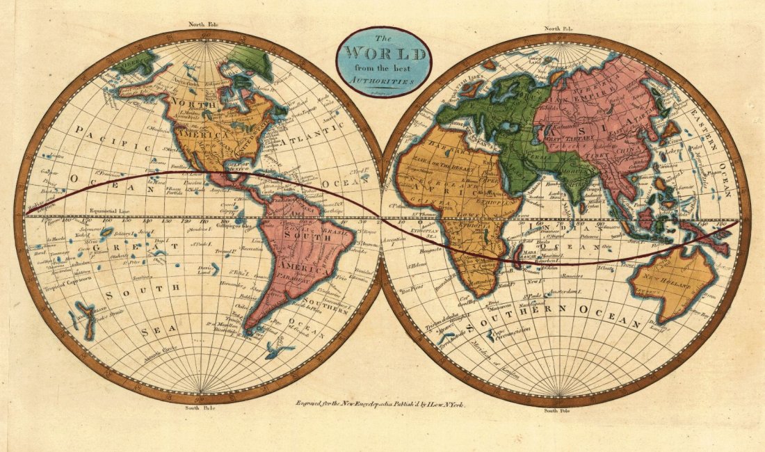 The World Map from The Best Authorities 1799: Map: The World from The Best Authorities. Rollinson Fct. Maker: William Rollinson Size: Double Octavo - 7.5 inches wide Date: 1799 Engraved for the New Encyclopedia. World in joined hemispheres. Zodia