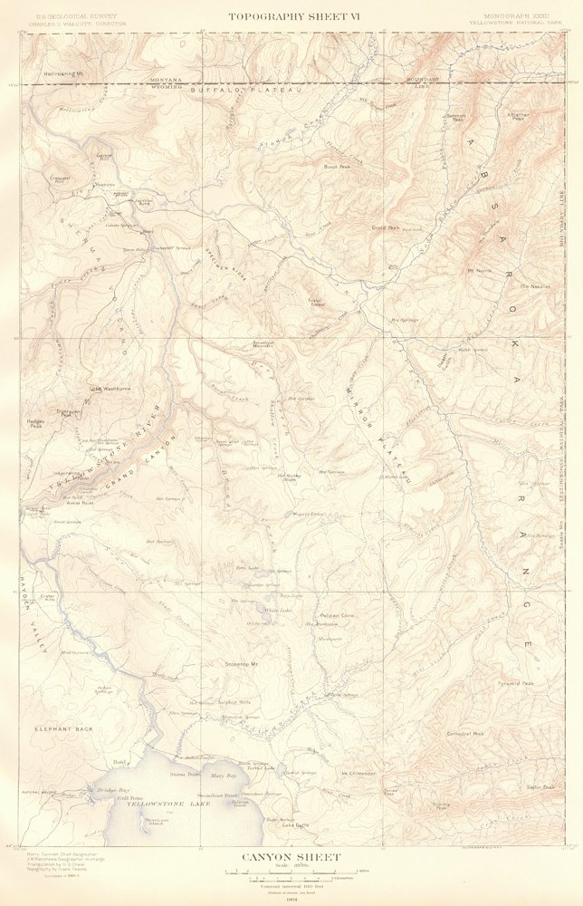 Canyon Sheet, Geology Map of Yellowstone National Park: Map: Canyon Sheet. Atlas to Accompany Monograph XXXII on the Geology of the Yellowstone National Park Maker: Arnold Hague Map Origin: Washington Date: 1904 Medium: Color lithograph Size: 21.75 x 17.5 
