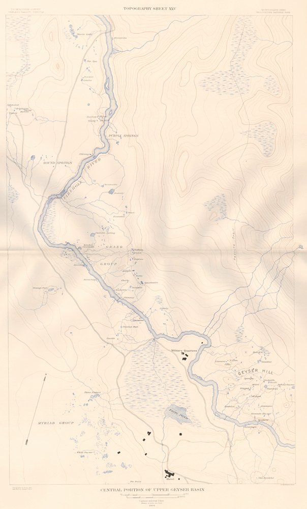 Map of Upper Geyser Basin, Yellowstone National Park: Map: Central Portion of Upper Geyser Basin. Atlas to Accompany Monograph XXXII on the Geology of the Yellowstone National Park Maker: Arnold Hague Map Origin: Washington Date: 1904 Medium: Color litho