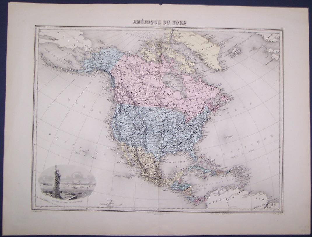Amerique Du Nord Map 1880: Map: Amerique Du Nord Maker: Lacoste J. Migeon Size: Folio - 12.1 inches high x 16.6 inches wide Date: 1880 Attractive map with steel engraved view of Statue of Liberty. Good railroad and topography.