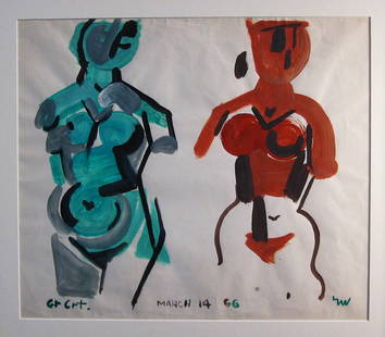 Leon Wall: 2 Figures: Painting: 2 FiguresArtist: Leon WallMedium: Watercolor on boardDate: 1966 Leon Wall (1916 - 1980) was born in Pittston, PA and moved to New York City in 1933. He studied at the National Academy of