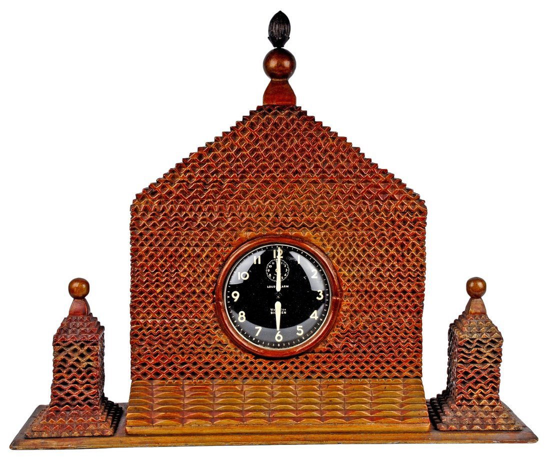 Painted Signed & Dated Tramp Art Clock, 1938 (1 of 4)