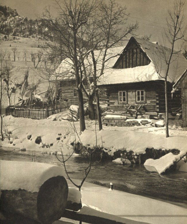 Vilem Heckel: Cabin along Stream in Mala Fatra: Print Title: Cabin along Stream in Mala Fatra Artist: Vilem Heckel Printing Date: 1956 Medium: Sheet-Fed Copperplate Gravure Printed In: Prague Image Size: 8.25 x 10 inches Vilem Heckel was a Czech ph