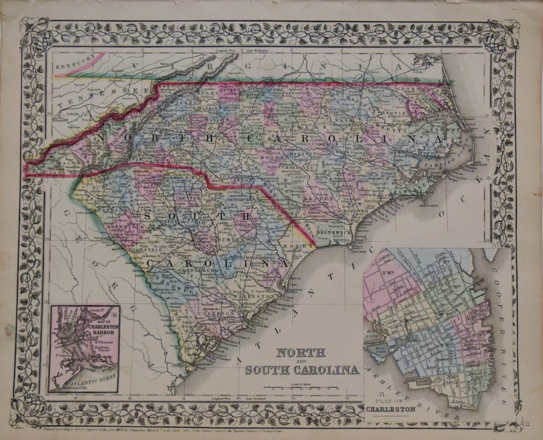 S. Mitchell: North and South Carolina, 1871: Map: North and South Carolina Cartographer: S Mitchell Publishing: Philadelphia, 1871 (marked 1850) Size: 11.3 x 14 inches A very nice map of the Carolinas, showing via color-coding the individual cou