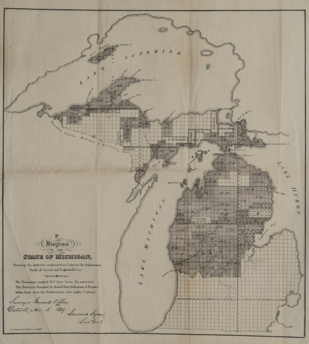 Michigan Showing Districts Embraced by Contracts, 1849: Map: P Diagram of the State of Michigan Showing the Districts Embraced by Contracts for Subdivisions North of Grand and Saganaw Rivers Cartographer: L Lyon / Michigan Surveyor General's Office Publish