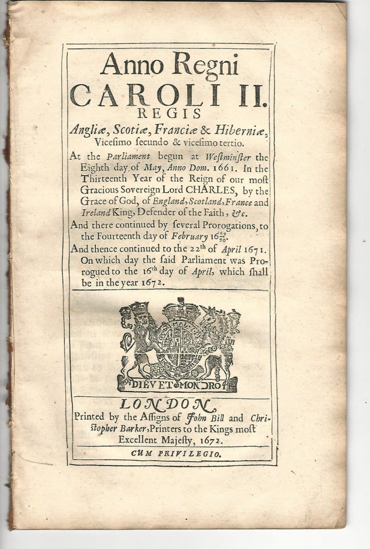 1672 Decorative Black Letter Act Reign Charles II Law: Item: Decorative Black Letter Act Reign of Charles II Law English Act of Parliament on proceedings of law, reign of Charles II Printer: John Bill and Christopher Barker, London Date: 1672 41 pages Siz