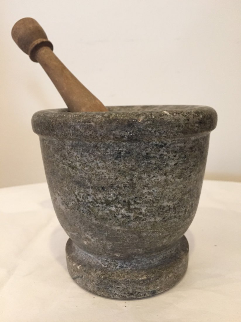 Mortar & Pestle, 1880: Item: Mortar & Pestle Material: Marble mortar, wooden pestle Date: 1880 Size: 4 x 4.25 inches Please note that this lot has a reserve. When you leave a bid in advance of the auction, submit your maxim