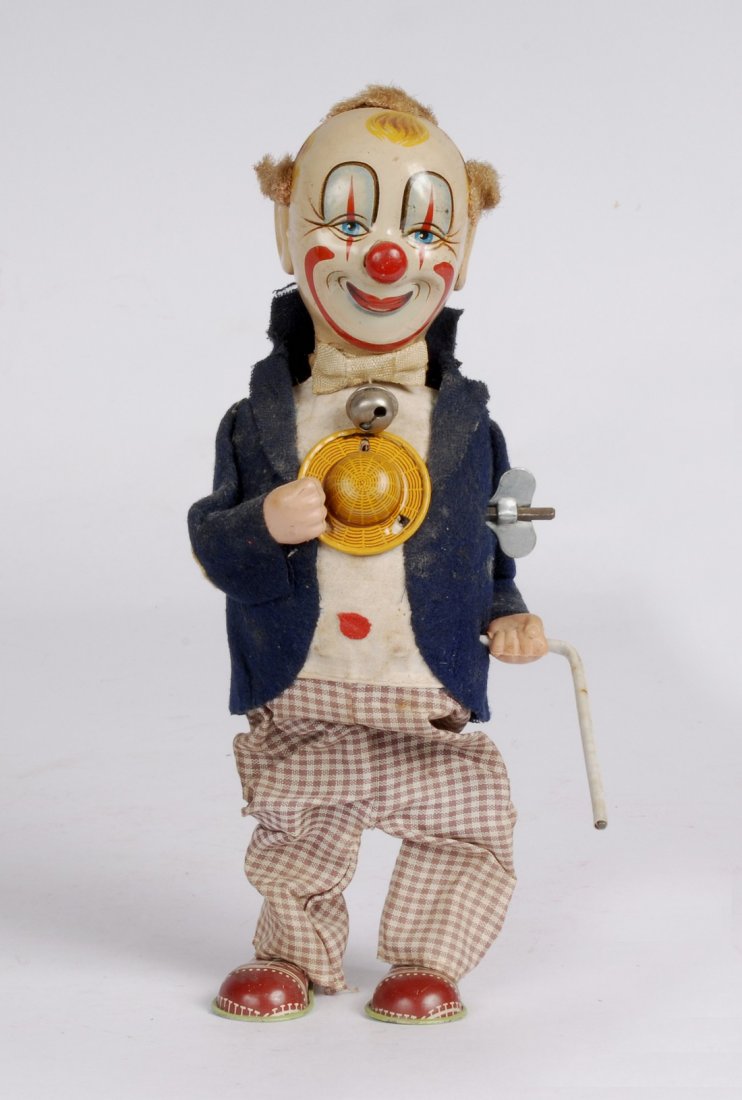 Tin Litho Wind Up Toy Clown with Cane, c 1950 (1 of 4)