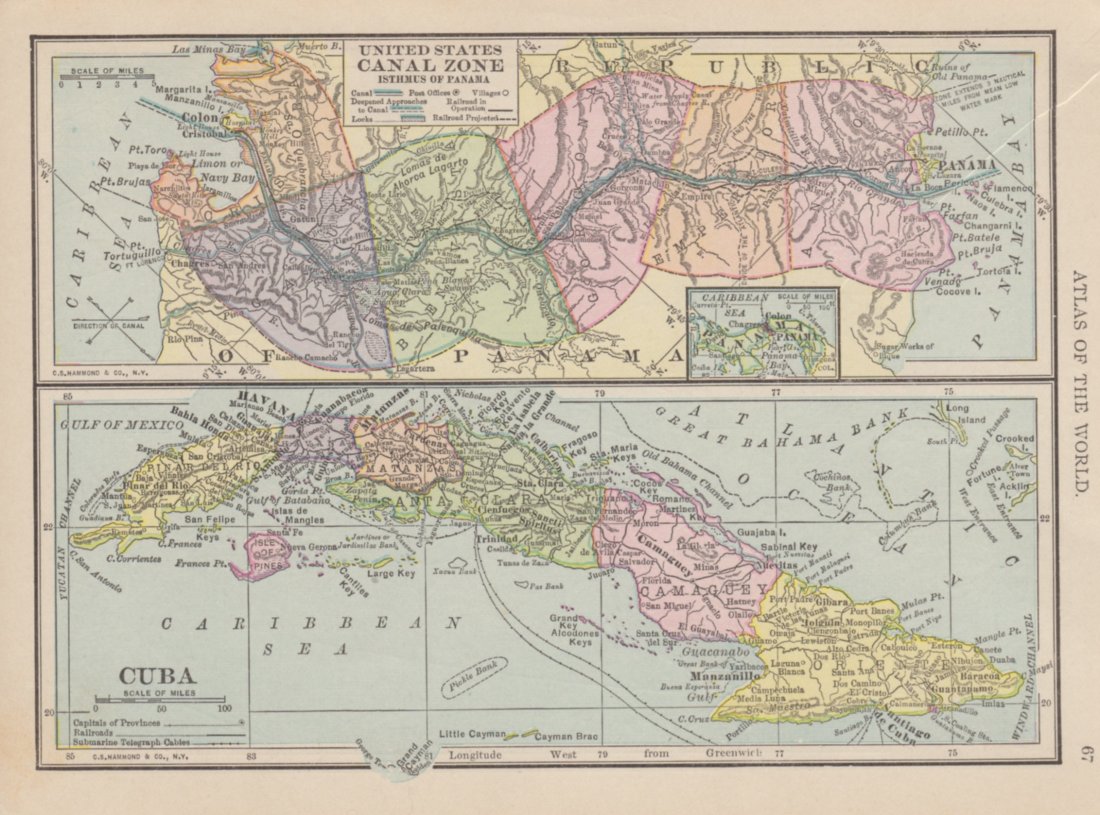 Map of US Canal Zone Ithmus of Panama, Cuba, 1908: Map: United States Canal Zone Ithmus of Panama, Cuba Date: 1908 Size: 7.75 x 5.75 inches From "Atlas of the World" No Reserve: This lot starts at $1 and has no reserve as a courtesy so that collectors