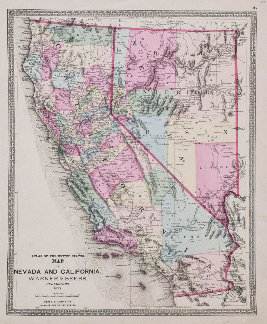 Warner Beers: Map of Nevada and California, 1872 (1 of 1)