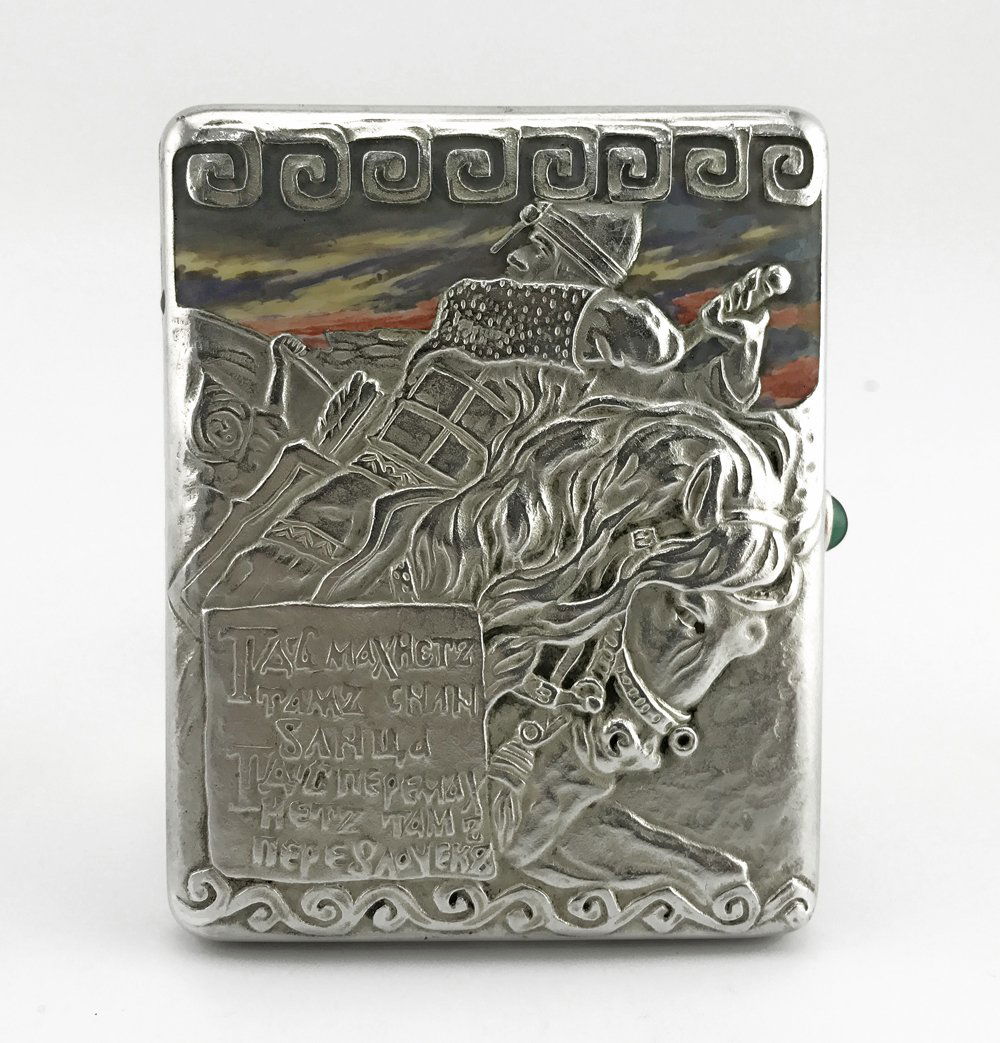 Ilya Muromets: Russian silver & enamel cigarette case (1 of 7)