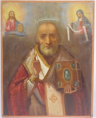 Saint Nicholas of Myra Ukrainian Orthodox Icon, 19th C: Item: Antique 19th Century Ukrainian Orthodox Icon of Saint Nicholas of Myra Date: ca. 1870s Origin: Ukraine Size: 10.25 x 8.5 inches (21cm x 26cm) Materials: Egg tempera on gessoed wood This is a Ukr