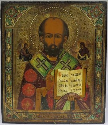 Saint Nicholas of Myra Ukrainian Orthodox Icon, 19th C: Item: Antique 19th Century Ukrainian Orthodox Icon of Saint Nicholas of Myra Materials: Egg tempera on gessoed tooled wood Date: ca. 1890 Origin: Central Russia Origin: 12 x 10.25 inches (30 cm x 26 c