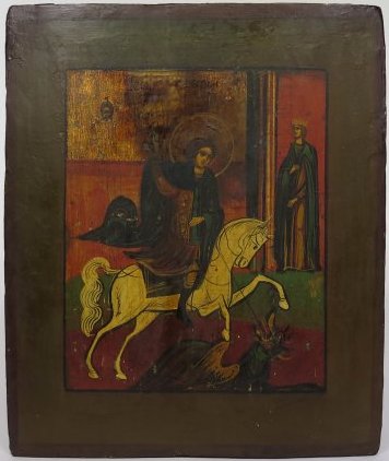 Saint George Ukrainian Orthodox Icon, 19th Century: Item: Antique 19th Century Ukrainian Orthodox Icon of "Saint George the Victorybearer" Materials: Egg tempera on gessoed wood Origin: Northern Russia Date: ca. 1850 Size: 11.5 x 13.5 inches (29.2cm x 