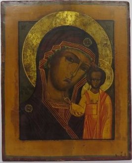 Virgin Mary Lady of Kazan Russian Icon, 19th Cent: Item: Antique 19th Century Russian Orthodox Icon of the Virgin Mary "Our Lady of Kazan" Date: ca. 1890 Origin: Provincial Russia Size: 10.5 x 8.5 inches (27 cm x 22 cm) Materials: Egg tempera on gesso