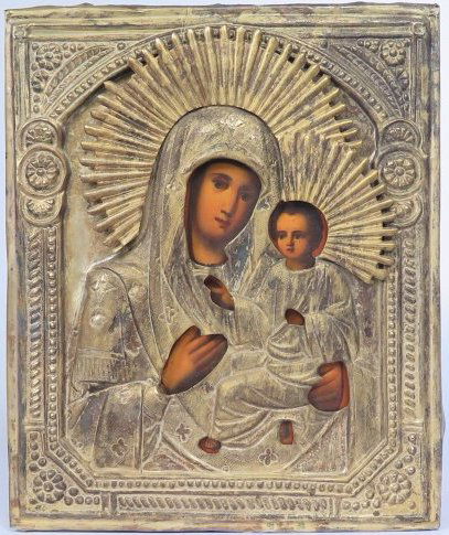 Virgin Mary of Tikhvin Brass Oklad Russian Icon, 19th C (1 of 3)