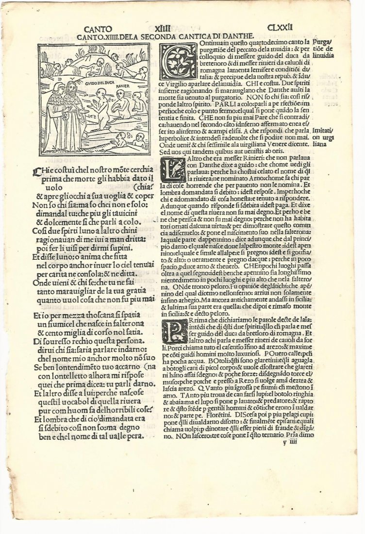 Dante Puragtorio Leaf with Woodcut, 1507: Item: Dante Puragtorio Leaf with Woodcut Author: Danthe Alighieri Fiorentino Historiado Date: 1507 Origin: Venice, Italy Printer for Bartholomeo de Zanna da Portese Size: 8.25 x 12 inches An original 