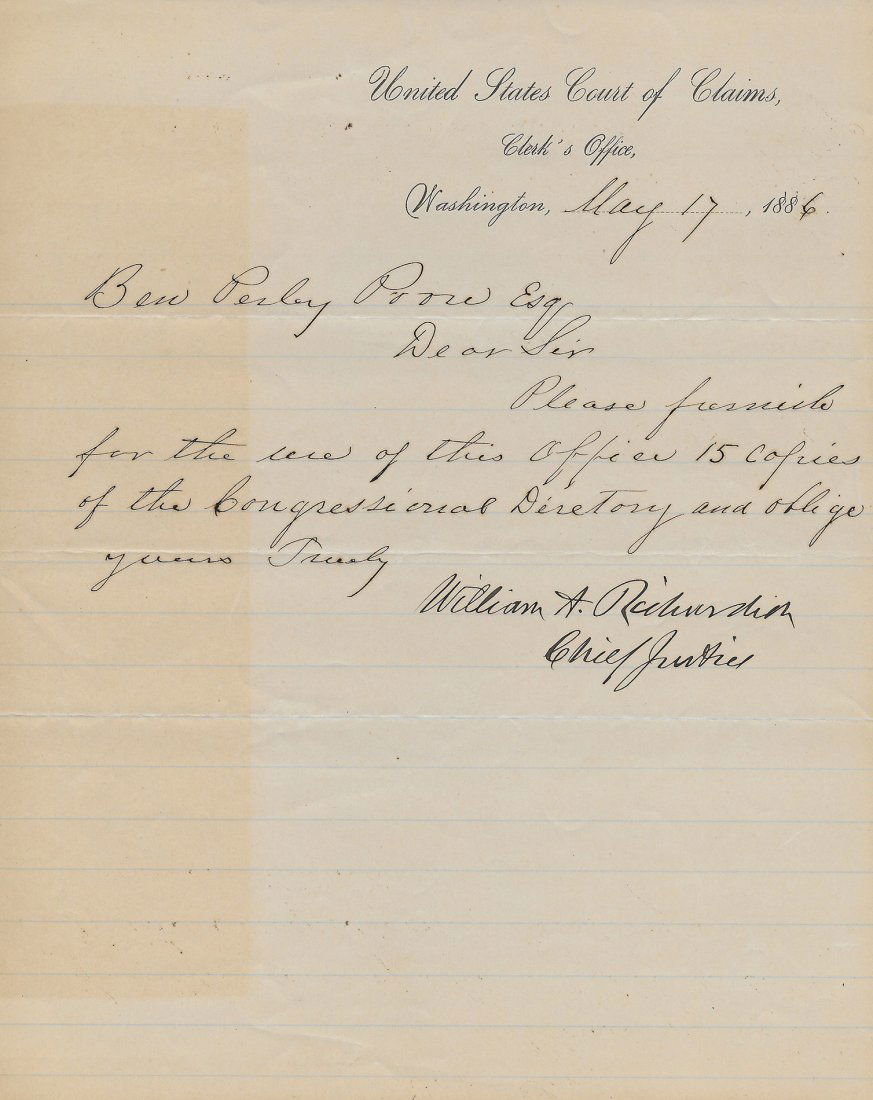 Secretary William A. Richardson Signed Letter, 1886 (1 of 1)