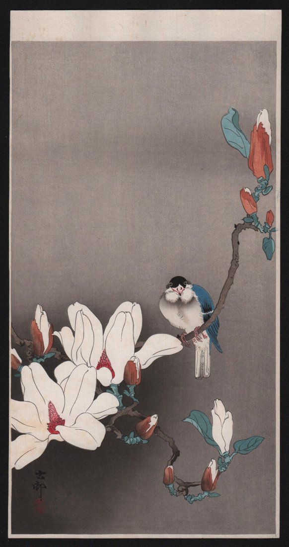 Ohara Koson: Bird on Flowering Branch,1910’s: Artist: Ohara Koson Subject: Bird on Flowering Branch Date: 1910’s Medium: Japanese Woodblock Print Size: 7.5 x 14.5 inches Ohara Koson (1877-1945) was a Japanese painter and printmaker of the late 
