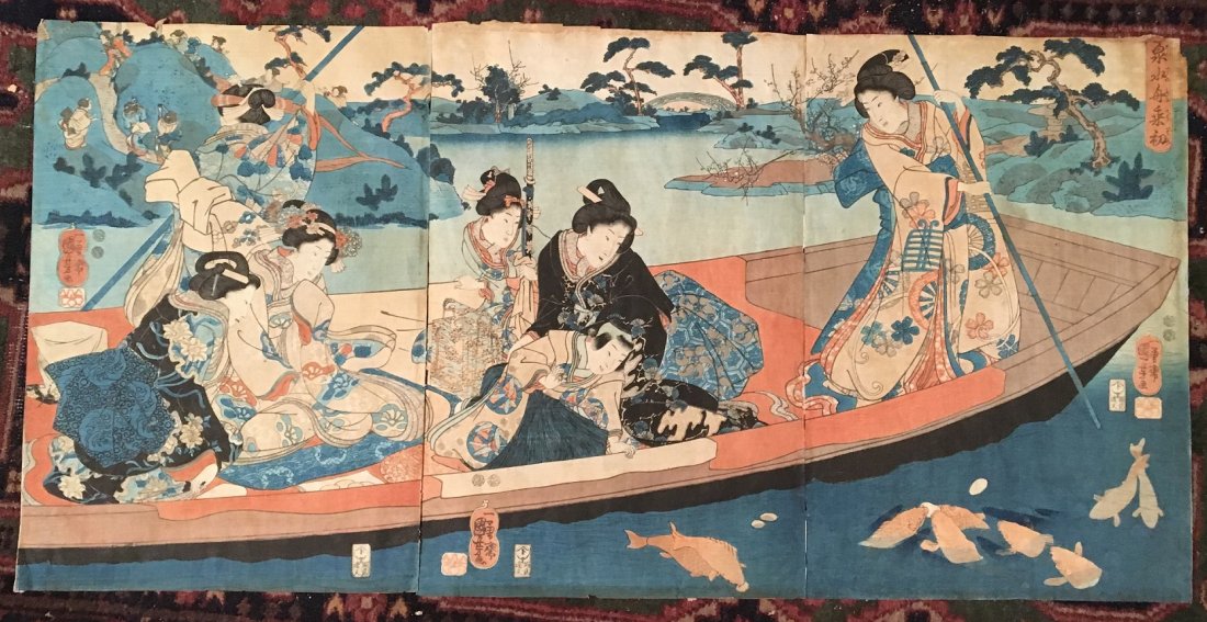 Utagawa Kuniyoshi: Beauties Boat with Koi Fish, 1840’s: Artist: Utagawa Kuniyoshi Subject: Triptych: Beauties on Boat with Koi Fish Date: 1840’s Medium: Japanese Woodblock Print Size: Each oban panel 9.75 x 14.5 inches Utagawa Kuniyoshi was a Japanese pa