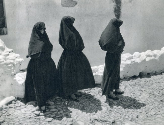 Jose Ortiz Echague: Veiled Women: Print Title: Veiled Women Artist: Jose Ortiz Echague Printing Date: 1965 Medium: Sheet fed Copperplate Gravure Printing Location: Spain Image Size: 12.75 x 9.75 inches Jose Ortiz Echague was a Spanish