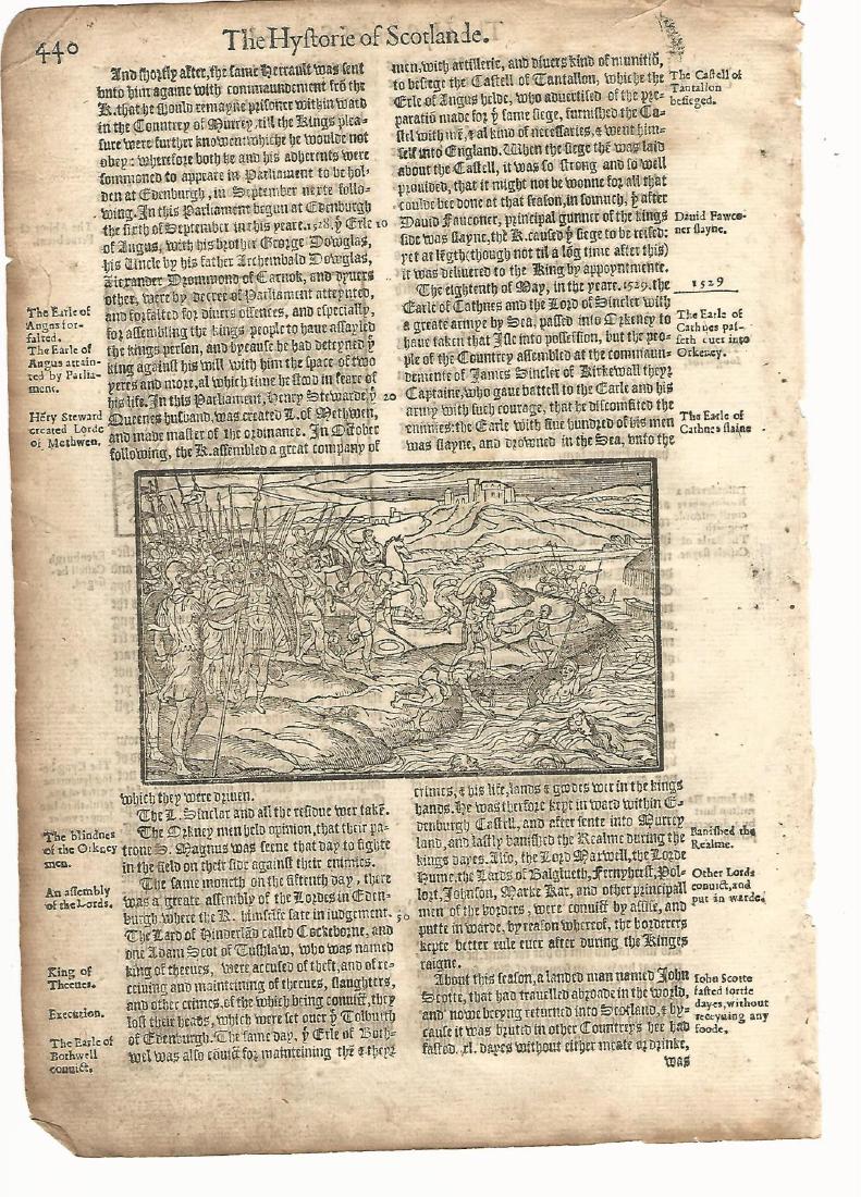 1577 Woodcut Leaf Holinshed History Scotland (1 of 2)