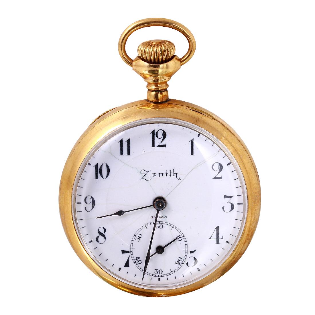 Zenith Swiss 14K Gold Filled Pocket Watch: Domestic: Free Shipping Watch: Zenith Swiss Pocket Watch Material: 14K Yellow Gold Filled Case Measurement: 33mm Movement: 17 jewels Condition: Very good and running, case is very good and dial is ton
