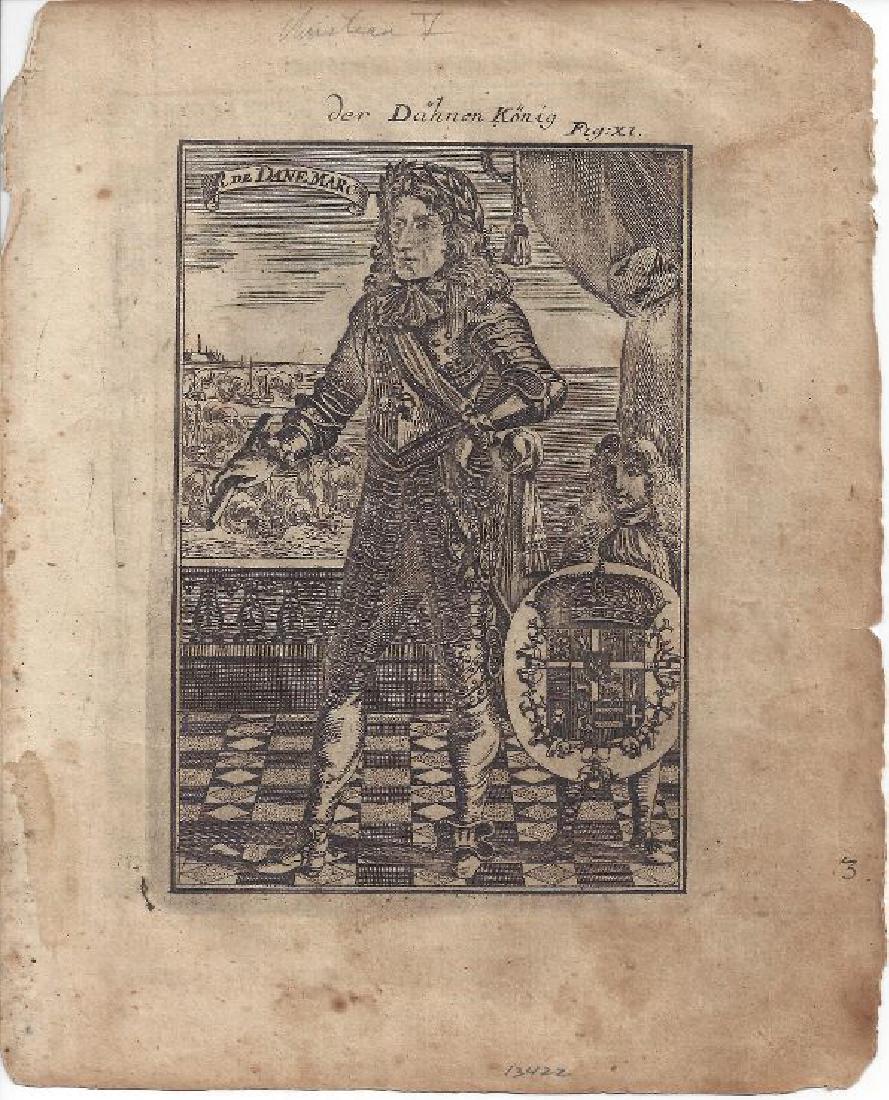 Mallet: Der Dahnen Konig. R. De Danemarc: Print Title: [Christian V] Der Dahnen Konig. R. De Danemarc Artist: Allain Manesson Mallet Origin: Publication Date: 1719 Medium: Copper engraved portrait Dimensions: 3.34 x 5.5 inches From Mallet's W