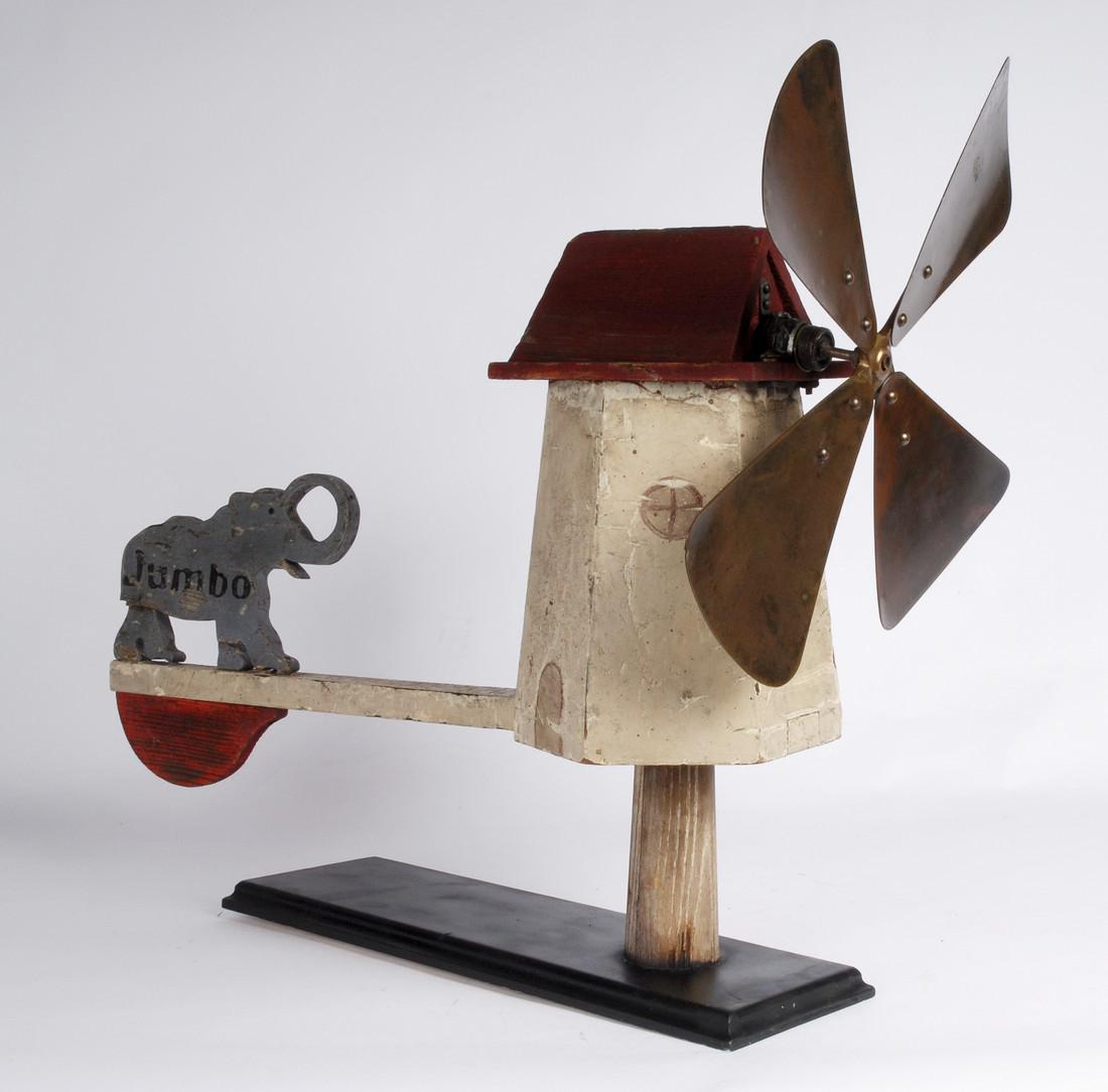 Jumbo Elephant Whirligig, 1920: Item: Jumbo Elephant Whirligig Date: 1920s Dimensions: 25 inches high x 24 inches wide x 16 inches deep Whirligig with 'Jumbo' the circus elephant who preformed starred in the P. T. Barnum Circus in t
