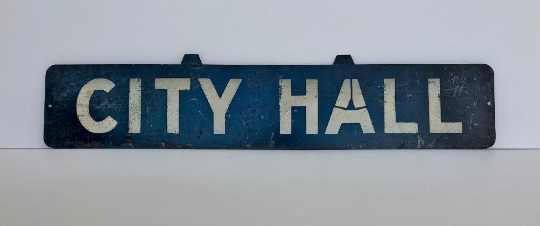 NY Trolley Sign: City Hall Metal Trade Sign, c 1890 (1 of 1)