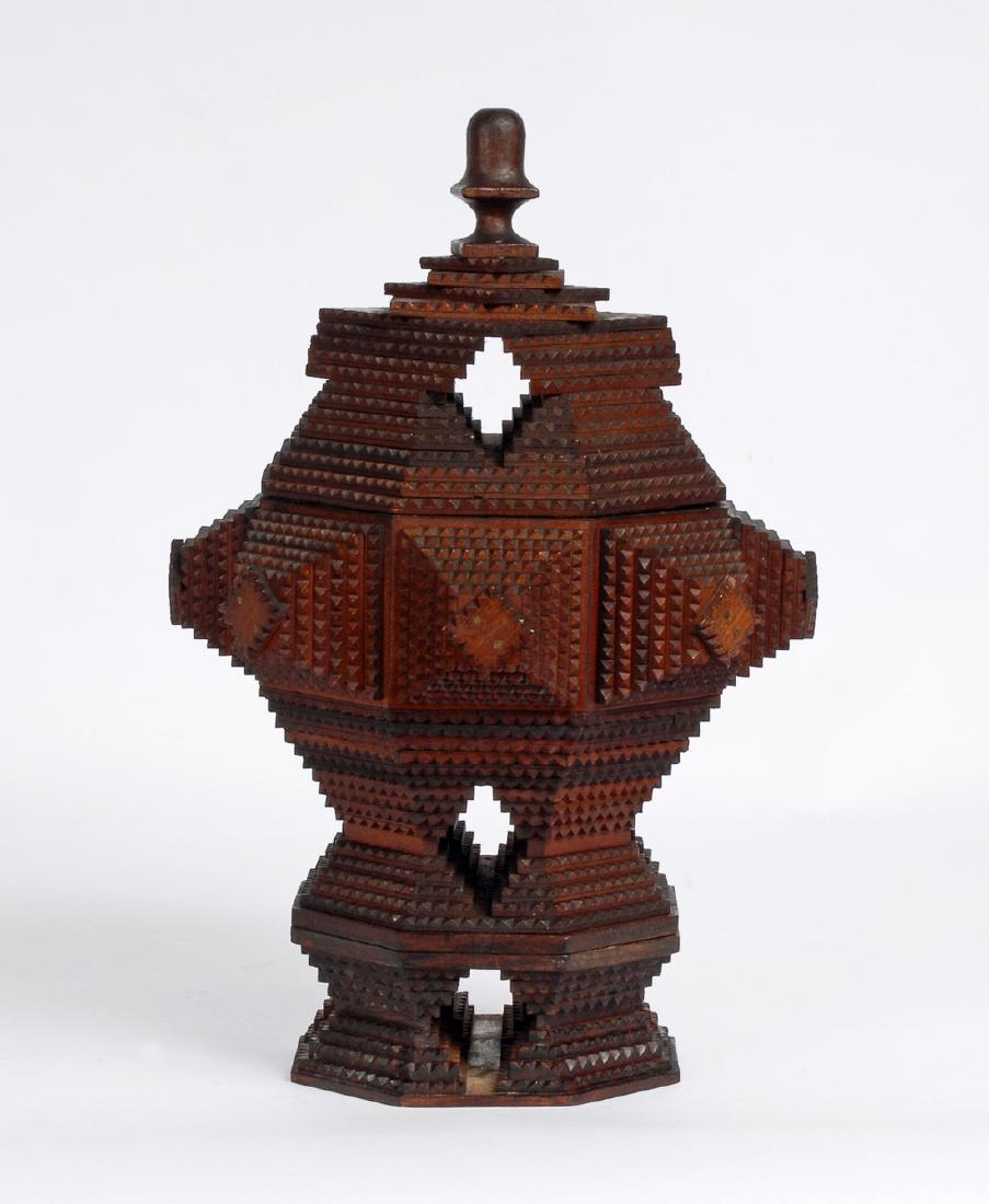 Sculptural Tramp Art Pedestal Box with Finial, c 1890 (1 of 4)